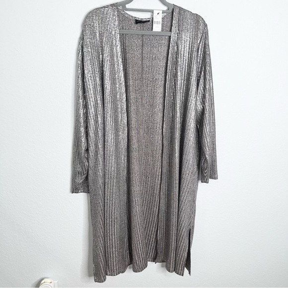 Lane Bryant Cardigan Women 22 24 Duster Tan Silver Metallic Open Front J - Picture 1 of 8